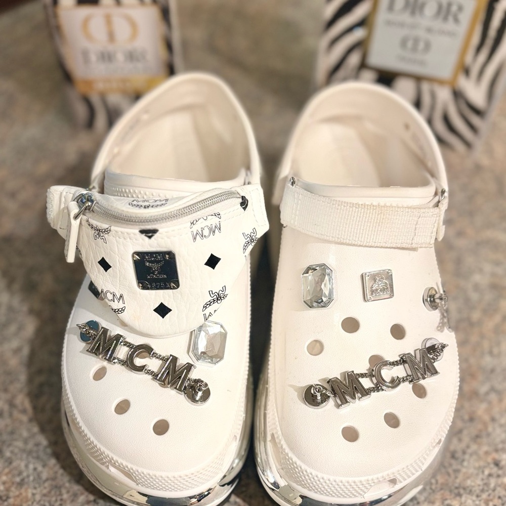 MCM White Mules with Silver Accents
